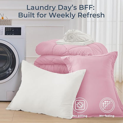 HEVUMYI Twin Comforter Set - 5-Piece All Season Bed in a Bag Twin, Ultra Soft Bedding Set with Comforter, Flat Sheet, Fitted Sheet, Pillowcases, Pillow Shams, Pink & Ivory