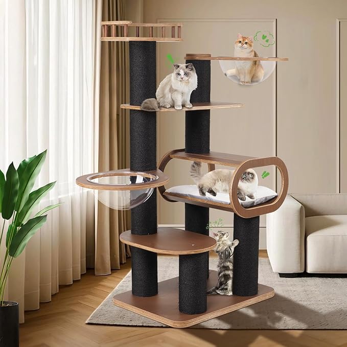 63'' Modern Cat Tree, Black Cat Tower with Scratching Post, Wooden Cat Tree for Indoor Cats Large Adult, Luxury Cat Furniture, Heavy Duty Activity Center with Transparent Bowl and Semi-Closed Condo-Mewly Pet
