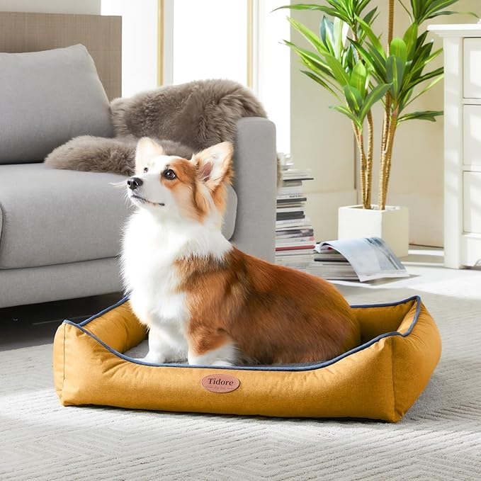Orthopedic Dog Beds for Medium Dogs, Durable Egg Crate Foam Sofa Dog Bed wit Washable Removable Cover,Waterproof Lining,Pet Bed for Large Dogs (Mustard Yellow, 31.5" L x 25.2" W x 7" Th)-Mewly Pet