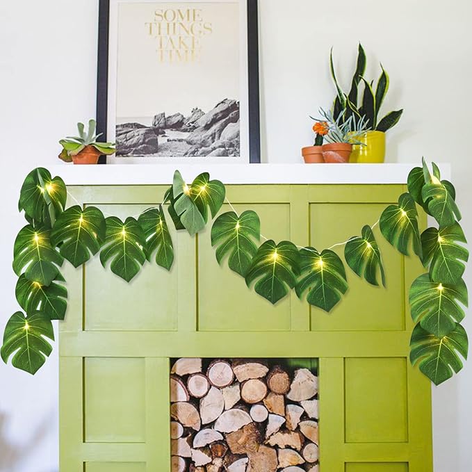 RECUTMS Artificial Tropical Palm Leaves String Lights, Large Size 20 LED Monstera Leaf Wall Hanging Vine Greenery,Outdoor Indoor Hawaiian Luau Jungle Beach Safari Baby Shower Party Spring Summer Decor