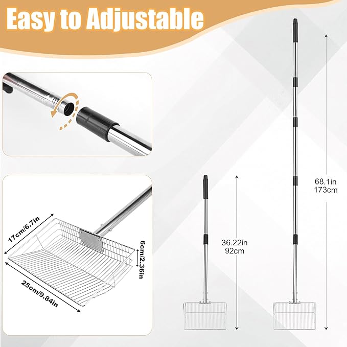 Chicken Poop Scooper with Stainless Steel Handle,24" to 68" Adjustable Length Chicken Coop Litter Scoop,4 in 1 Multifunctional Heavy Duty Litter Sifting Shovel Chicken Coop Accessories-Mewly Pet