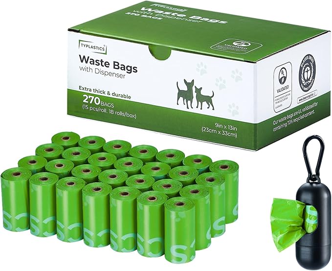 Typlastics Poop Bags for Dog Waste, 270 Count, with Dispenser, Unscented, 18 Pack of 15, Lime Green, 13 Inch x 9 Inch-Mewly Pet