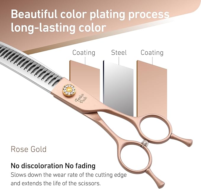 Fenice Peak Professional Curved Chunker Dog Grooming Scissors 8.0'' Rose Gold Thinning Shears Extremely Sharp Blades 440C Stainless Steel Thinning Shears Durable Smooth Fine Cut for Dogs and Cats.-Mewly Pet