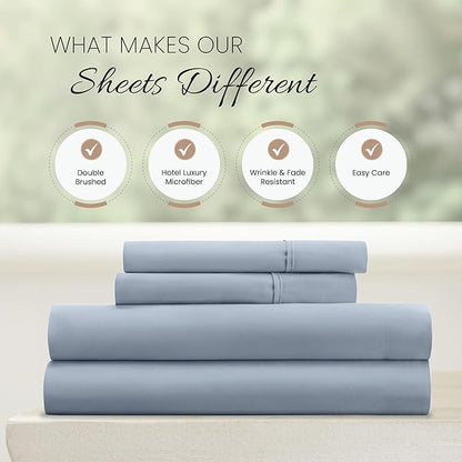 Linen Market Double-Brushed Microfiber Queen Sheet Set 4 Piece – Oeko-TEX Certified Ultra Soft & Wrinkle-Free - 16" Deep Pocket Sheets - Easy Care Queen Size - Light Blue