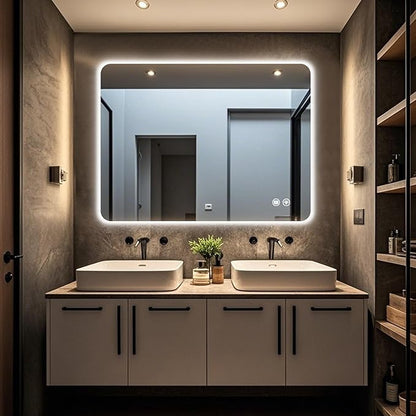 40‘’x30'' Lighted Mirrors for Bathroom Wall Backlit Rectangular Rounded Corners, LED Bathroom Mirror Frameless with Lights Anti Fog, Dimmable, 3 Colors,Tempered Glass, Shatter-Proof (Color 2)