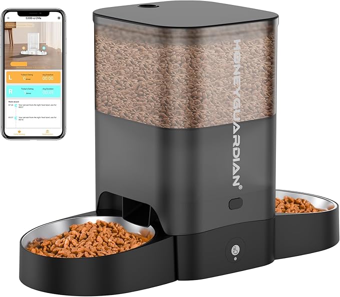 HoneyGuaridan Automatic Cat Feeder for Two Cats, 5G WiFi Smart Feed Pet Feeder with Stainless Steel Bowl,APP Control Dispenser, Dual Power Supply,Desiccant Bag,10s Meal Call Black-Mewly Pet