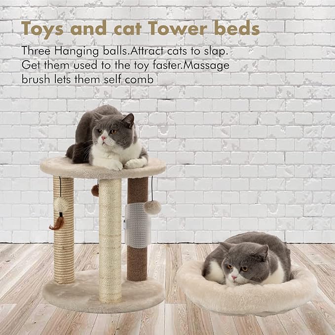MECOOL 4in1 Small Cat Tree,Scratching Post with Tower Soft Bed, Sisal Carpet Jute Posts with Three Hanging Ball Toys and Massage Brush for Indoor Cats and Kittens-Mewly Pet