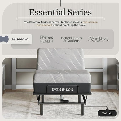Sven and Son Essential Adjustable Bed Base (Frame) + 12 inch Memory Foam Matt (Medium), Easy Assembly, Head and Foot Lift, Memory Positions, Zero Gravity, Wireless Remote - Twin XL
