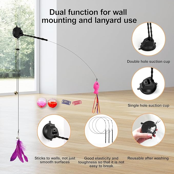 22Pcs 5-in-1 Cat Toys Interactive Cat Toy for Indoor Cats with Sticky Super Suction Cup Detachable Replacements Feathers Balls Mice Spring 3 Wand Hanging Door Kitten Toys-Mewly Pet