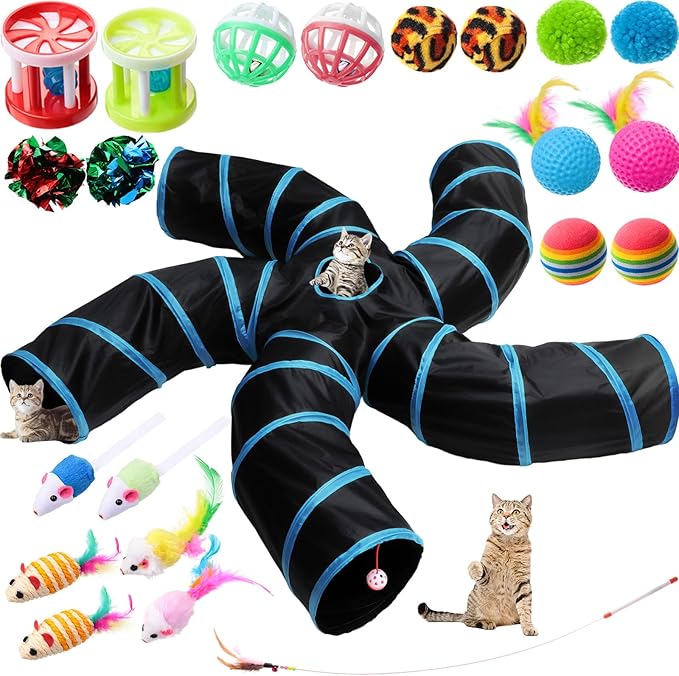 Poen 21 Pcs Cat Tunnel for Indoor Set Collapsible 5 Way Tubes with 20 Pcs Cat Kitten Toys Interactive Feather Toy Mouse Crinkle Balls Tube for Puppy Kitten Rabbit(Blue Black)-Mewly Pet