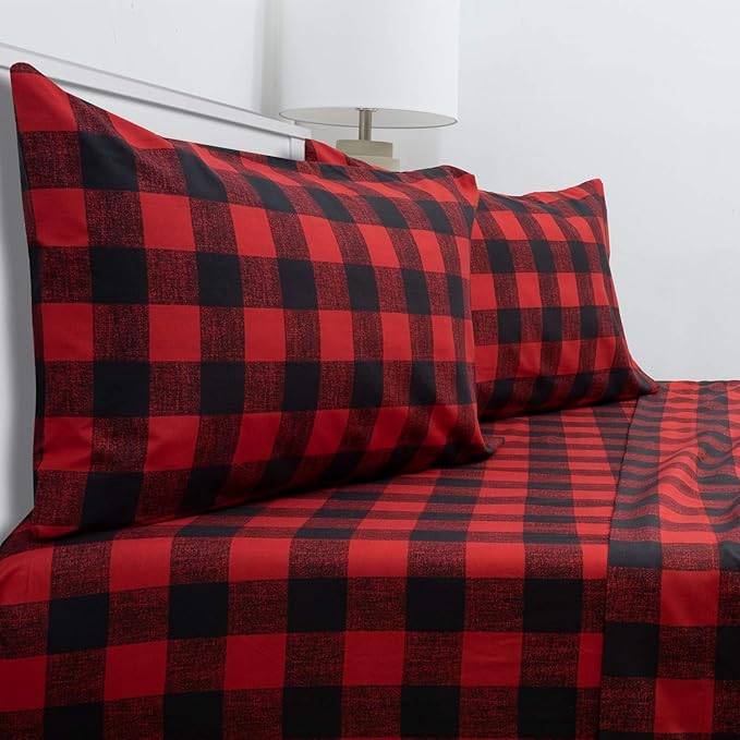 1800 Thread Count Sheet Set – Soft Egyptian Quality Brushed Microfiber Sheets – Luxury Bedding Set with Flat Sheet, Fitted Sheet, Pillow Cases, Full, Buffalo Check Burgundy, Sheet Set