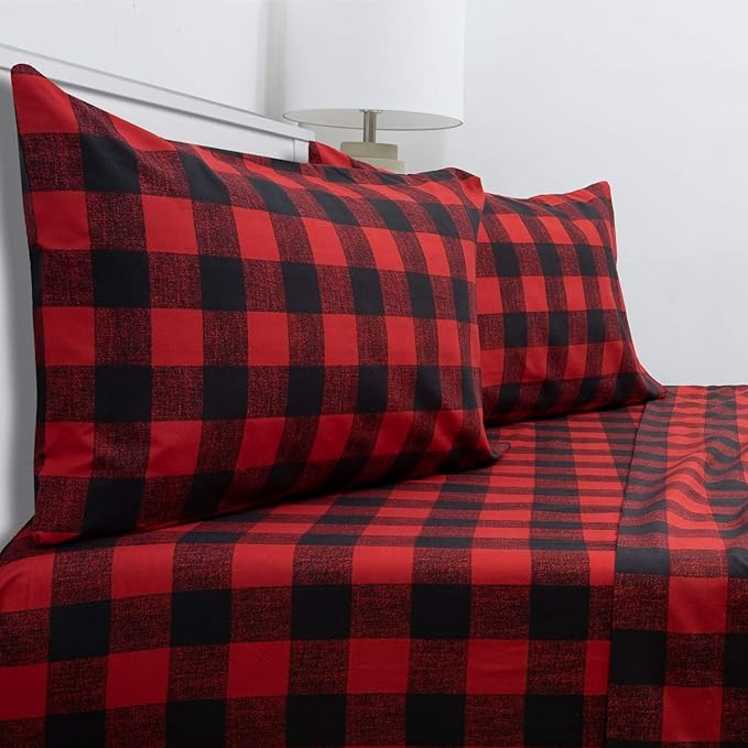 1800 Thread Count Sheet Set – Soft Egyptian Quality Brushed Microfiber Sheets – Luxury Bedding Set with Flat Sheet, Fitted Sheet, Pillow Cases, Twin, Buffalo Check Burgundy, Sheet Set