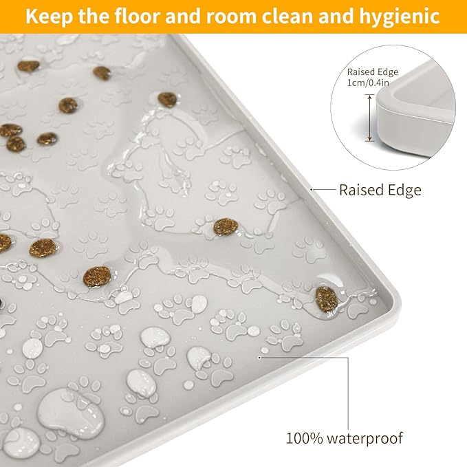 Ptlom Dog Food Mat Anti-Slip Bowl Mats for Food and Water, Waterproof Silicone Pet Placemat with High Raised Edges, Non-Slip Puppy Feeding Tray for Small, Medium Large Cats Dogs, Cream, 11.8"x11.8"-Mewly Pet