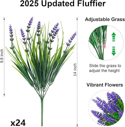 ZINHO 24 Bundles Artificial Flowers Outdoor, Faux Lavender Flowers with Grass UV Resistant Artificial Plants for Outdoor Outside Hanging Planter Window Box Garden Patio Front Porch Decor