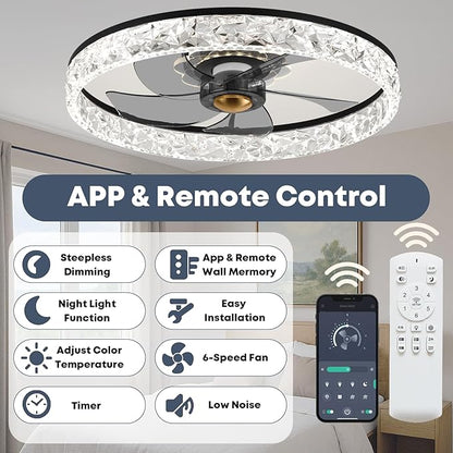 20'' Ceiling Fan with Light, Upgraded Low Profile Fan, Flush Mount Ceiling Fan, 6 Speeds, Dimmable LED, App & Remote Control, Quiet DC Motor, for Bedroom, Living Room, F098 Black