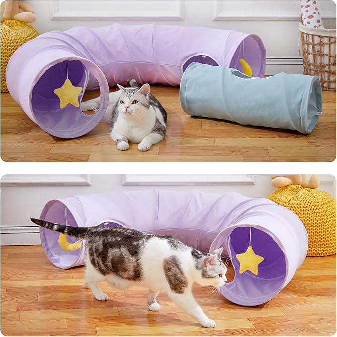 Cat Tunnel, Large Indoor Durable Collapsible Interactive Cat Tube with Peek-A-Boo Hole, Hanging Toys, and Crinkly Paper Lining - Cute Tunnel for Cats, Kittens, Puppies & Rabbits, Purple-Mewly Pet