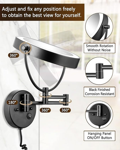 ALHAKIN 9" Wall Mounted Lighted Makeup Mirror, Large Rechargeable 1X/10X Magnifying Mirror with 3 Color Lights Dimmable, 360° Rotation, Nickel