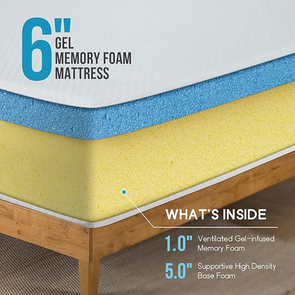 PayLessHere 6 Inch Queen Gel Memory Foam Mattress Fiberglass Free/CertiPUR-US Certified/Bed-in-a-Box/Cool Sleep & Comfy Support