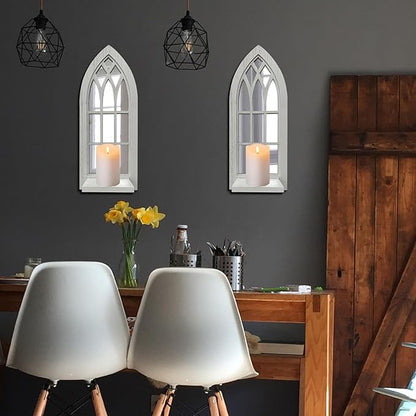 Wood Wall Sconce Candle Holder Set 2, Rustic Candle Sconces, Farmhouse Hanging Wall Décor, Carved Wood Frame, Mirrored Wall Accent