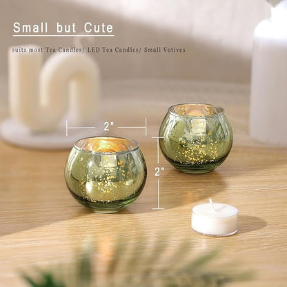 LAMORGIFT 12 PCS Green Votive Candle Holders- Mercury Glass Candle Holders for Sage Green Wedding Decor, Green Tea Light Candle Holders for Vintage Wedding, Engagement, Rehearsal Dinner Table Decor