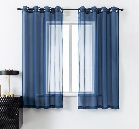 DUALIFE 45 Inches Navy Short Curtains for Bathroom Set of 2 Panels Grommet Semi Voile Drapes Navy Blue Sheer Curtains for Boys Room Kids Bedroom Small Windows 52 x 45 Inch Indigo Blue