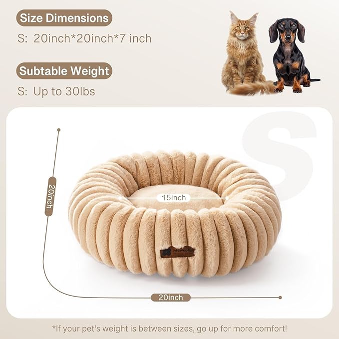 MEWOOFUN Donut Dog Beds for Small Dog, Calming Bed Round Cute Puppy Bed with Non-Slip Bottom, Fluffy Washable Pet Bed for Puppy and Kitten (Light Brown, S (25x25x7))-Mewly Pet