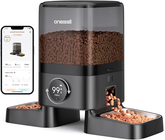 oneisall Wireless WiFi Automatic Cat Feeders 2 Cat, Rechargeable 100-Day Battery Operated Timed Cats Feeder, 20 Cups/5L Cats Food Dispenser Automatic for Large Kibble, Smart App Control.-Mewly Pet