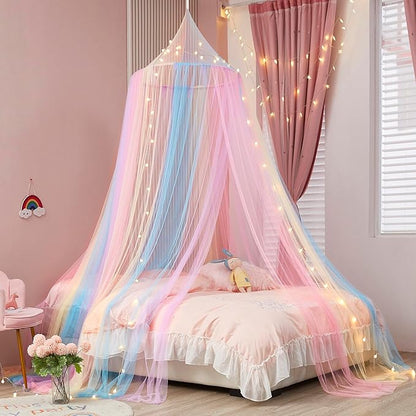 Rainbow Bed Canopy with Lights - Mosquito Netting for Twin, Single, Full, Queen & King Size Beds - Decor for Girls' Rooms