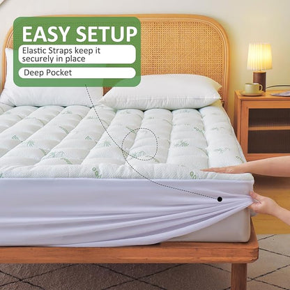 Bioeartha Cooling Mattress Topper Queen – Extra Soft Pillow Top Mattress Pad, Breathable Viscose Made from Bamboo Mattress Protector for Back Pain Relief, Deep Pocket Cover Fits 8–21 Inch