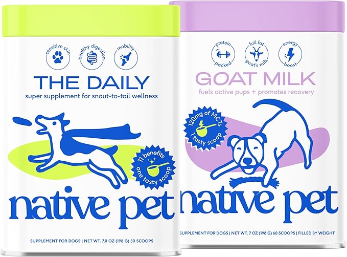 Native Pet The Daily Dog Supplement (30 Scoops) and Goat Milk Powder for Dogs and Cats (60 Scoops).- 11-in-1 Multivitamin and Food Topper to Support a Healthy Digestive System-Mewly Pet