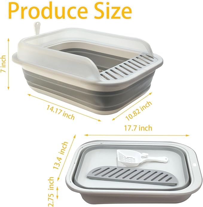 Open Cat Litter Box with High Side, Anti-Splashing Kitty Litter Pan Collapsible Travel Litter Potty Pan Scoop Leak-Proof Pedal Cat Toilet No Smell Easy Clean (M Gray High Side)-Mewly Pet