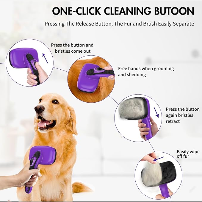 Dog Brush Kit - Self-Cleaning Slicker Brush with Bath Brush & Undercoat Rake | Deshedding Tools for Large - Small Dogs & Cats, Professional 3-in-1 Pet Grooming Set for Heavy Shedding, Purple-Mewly Pet