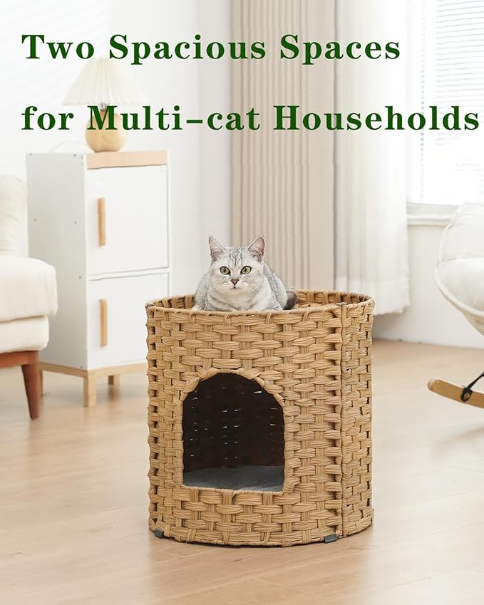 Cat House for Indoor Cat, Large Double Cat Houses Cat Bed Cave, Handwoven Rattan Pet Beds with One Soft Pad, 17 x 17 x 17 Inches Foldable Kitten Hideaway in Living Room Natural-Mewly Pet