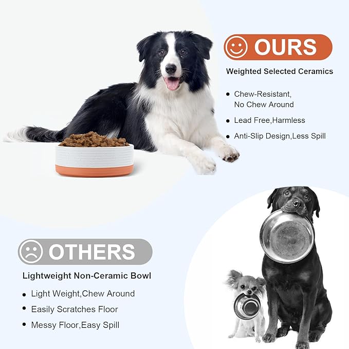 SPUNKYJUNKY Ceramic Dog Bowls 2 Pack, 7.3'' Dog Food Water Double Feeding Bowls Non-Slip for Medium to Large Sized Breed Microwave Dishwasher Safe - 42 OZ, 2pcs, Pattern White-Mewly Pet