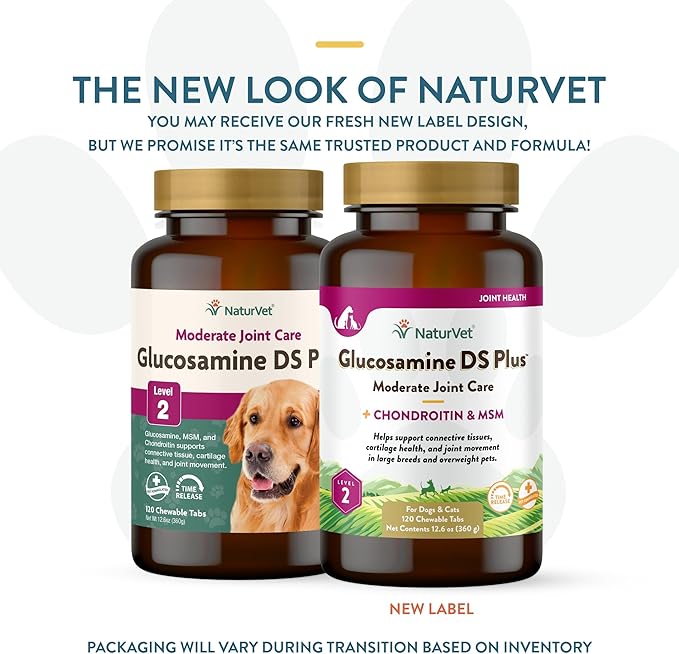 NaturVet Glucosamine DS Plus Level 2 Moderate Care Joint Support Supplement for Dogs and Cats, Chewable Tablets Time Release, Made in The USA, 120 Count-Mewly Pet