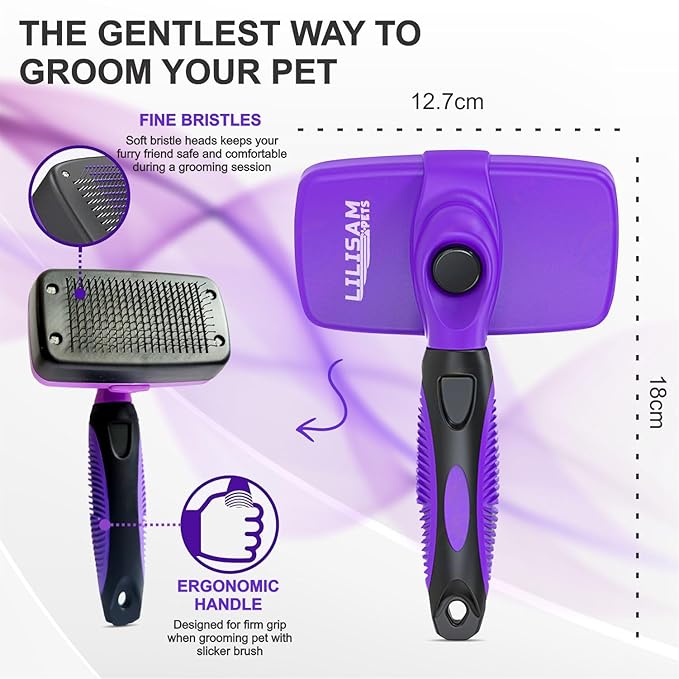 Pet Self Cleaning Slicker Brush and Grooming Comb - Gently Removes Loose Hair, Tangles, and Dirt - Skin Friendly Deshedding Grooming Tool for Hair Dogs & Cats - Pet Supplies Accessories (Purple)-Mewly Pet