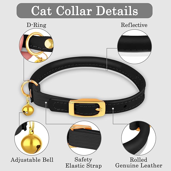 OOPSDOGGY Rolled Leather Cat Collar with Bell - Reflective Kitten Collar with Safety Elastic Strap - Adjustable Small Pet Collars for Boy Girl Cats (Black)-Mewly Pet