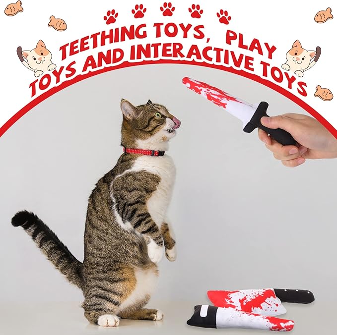 Honoson 8 Pcs Knife Cat Chew Toys Catnip Toys Interactive Stuffed Kitten Chew Toys Teething Resistant for Christmas Halloween Indoor Kitten Cats Boredom Relief Teeth Cleaning(Knife Pattern)-Mewly Pet