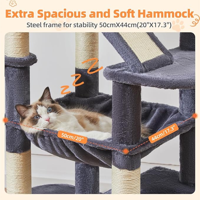 Taoqimiao Cat Tree 71-Inch, Cat Tower for Indoor Cats Large Adult, Multi-Level Large Cat Condo, 8 Sisal Scratching Posts, Metal Frame Cozy Hammock, Scratch Board, 2 Top Perches, Smoky Gray MS026LG-Mewly Pet