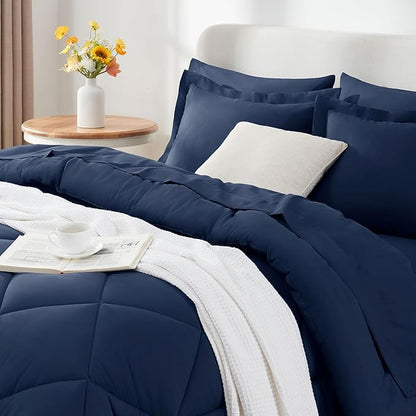 CozyLux Full Size Comforter Sets Navy Blue - 7 Pieces Bed in a Bag Full, Luxury Soft Bed Set for All Seasons, Bedding Set with Down Alternative Comforter, Sheets, Pillowcases & Shams