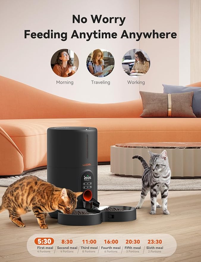 WOPET Automatic Cat Feeders 2 Cats-Timed Cat Feeder with Stainless Steel Bowl, Programmable 1-6 Meals Control, Dual Power Supply Auto Pet Feeder for Cats and Dogs-Mewly Pet