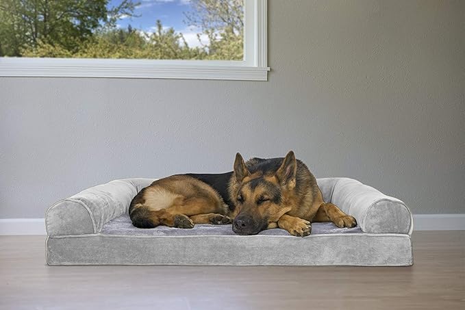 Furhaven Orthopedic Dog Bed for Large Dogs w/ Removable Bolsters & Washable Cover, For Dogs Up to 95 lbs - Faux Fur & Velvet Sofa - Smoke Gray, Jumbo/XL-Mewly Pet