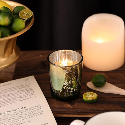 Volens Green Votive Candle Holders Set of 12, Speckles Mercury Glass Tealight Candle Holder Bulk for Table Wedding Centerpiece, Green and Gold Party Decorations & Home Decor