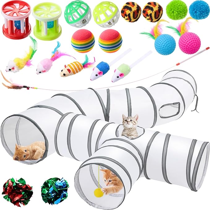 Wettarn 22 Pieces Cat Toys Set, with 2 Collapsible Tunnels for Indoor Cats and 20 Kitten Toys Tubes and Tunnels Interactive Feather Mouse Crinkle Balls for Pets Puppies(White)-Mewly Pet