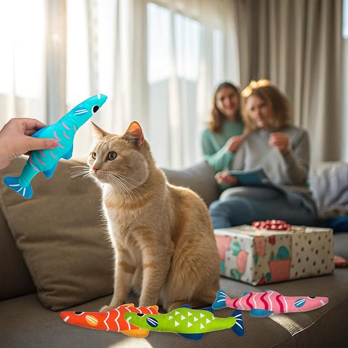 EXPAWLORER Catnip Cat Toys Fish,4 Pcs Durable Cat Kicker Toy with Natural Catnip Cotton,Interactive Bite Resistant Soft Pillow Filled for Indoor Cats Kitten Playing,Drives Bored Cats Crazy with Fun-Mewly Pet