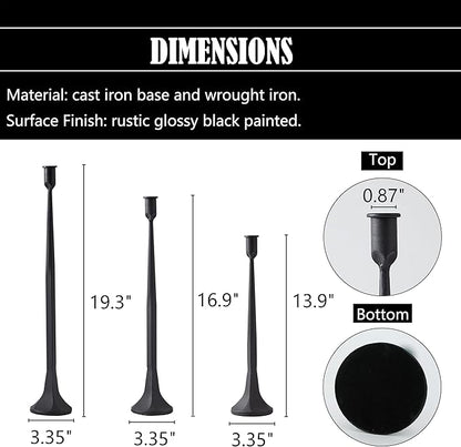 Denique Iron Taper Candle Holder Set of 3, Black Candlestick Holders 19.3”17” 14” Heightening Decorative Candle Stand Set for Wedding, Dining Table, Home Decoration (Black)