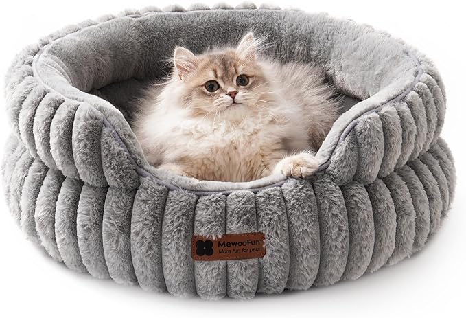 MEWOOFUN Cat Beds for Indoor Cats, Washable Dog Bed for Small Dogs, Round Pet Bed for Puppy and Kitten with Anti-Slip Bottom (Grey, 20"x20"x8")-Mewly Pet