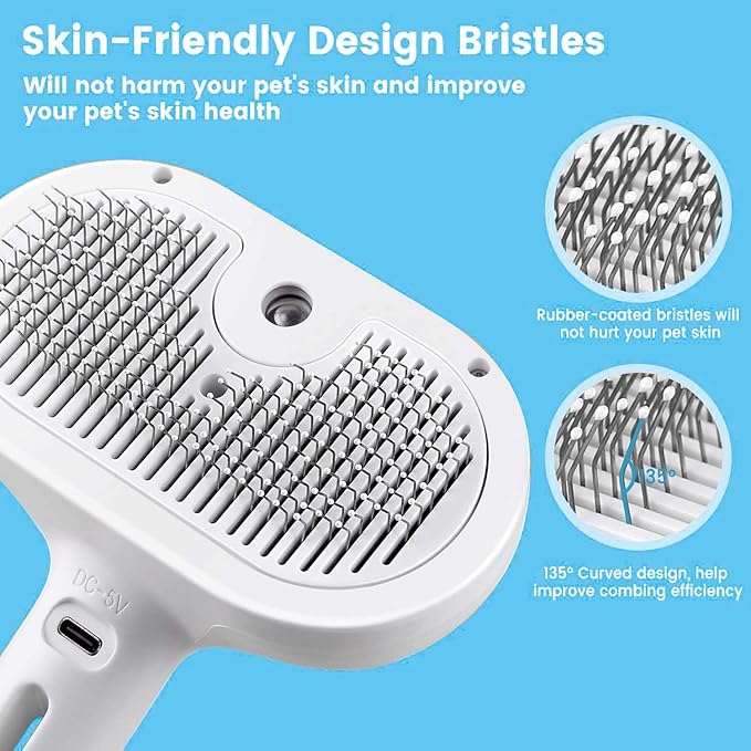 Pet Steam Brush for Dog & Cat – 3-in-1 Spray Hair Removal Comb – Steam Brush for Shedding & Grooming – Water for Long & Short Haired Pets – Spritz Defur Comb (White)-Mewly Pet