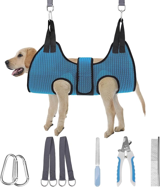 PAWCHIE Dog Grooming Hammock Harness for Dog Cat with Pet Nail Clipper Trimmer-Breathable Cat Hanger Sling for Trimming Clipping Nails-Dog Hammock Restraint Bag for Small Medium Large Dog, Dark Blue M-Mewly Pet