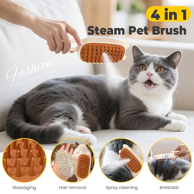 Cat Steam Brush for Shedding, 4 in 1 Rechargeable Steam Brush for Cats and Dogs, Anti-Static, Massage, flea comb for cats& Pet Removal Hair Glove,Shedding & Combing All In One!-Mewly Pet